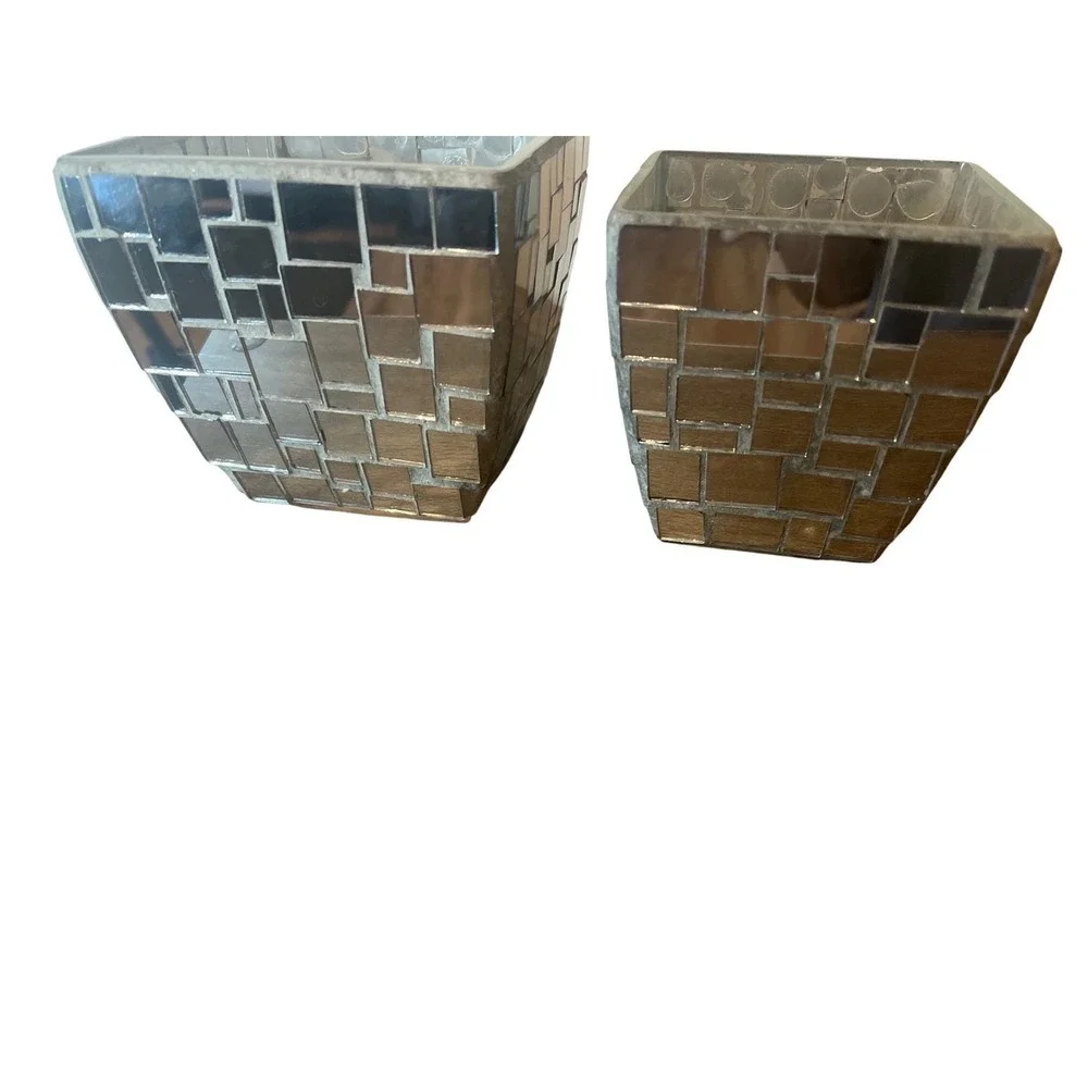 Mirrored Mosaic Candle Holders Vase Planter Set Silver Glam‎ Chic Decor Vintage